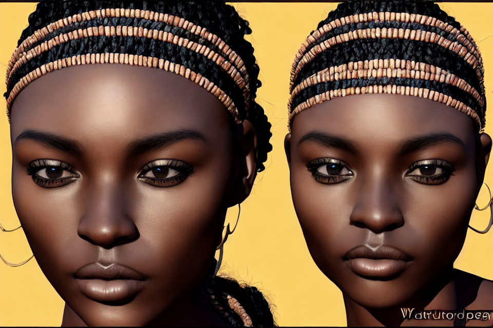 Two lifelike 3D-rendered female figures with beaded headbands and eye-catching makeup