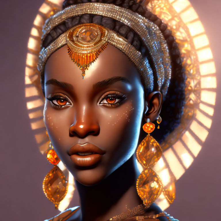 Digital artwork of woman adorned with golden jewelry and halo accessory against warm backdrop