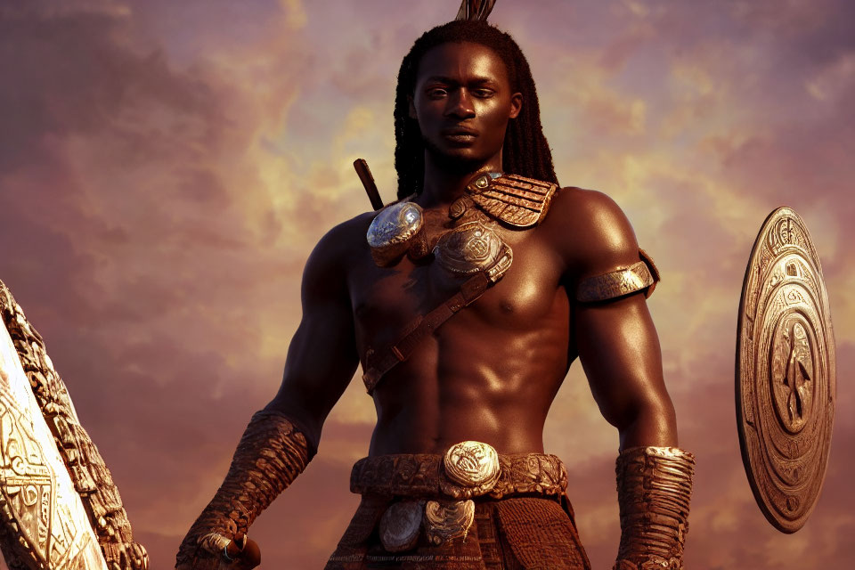 Imposing warrior in leather armor with spear and shield against dramatic sky