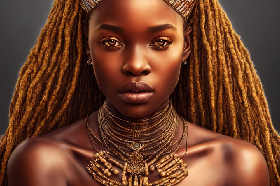 Digital portrait of woman with long braided hair and intricate jewelry in warm brown tones