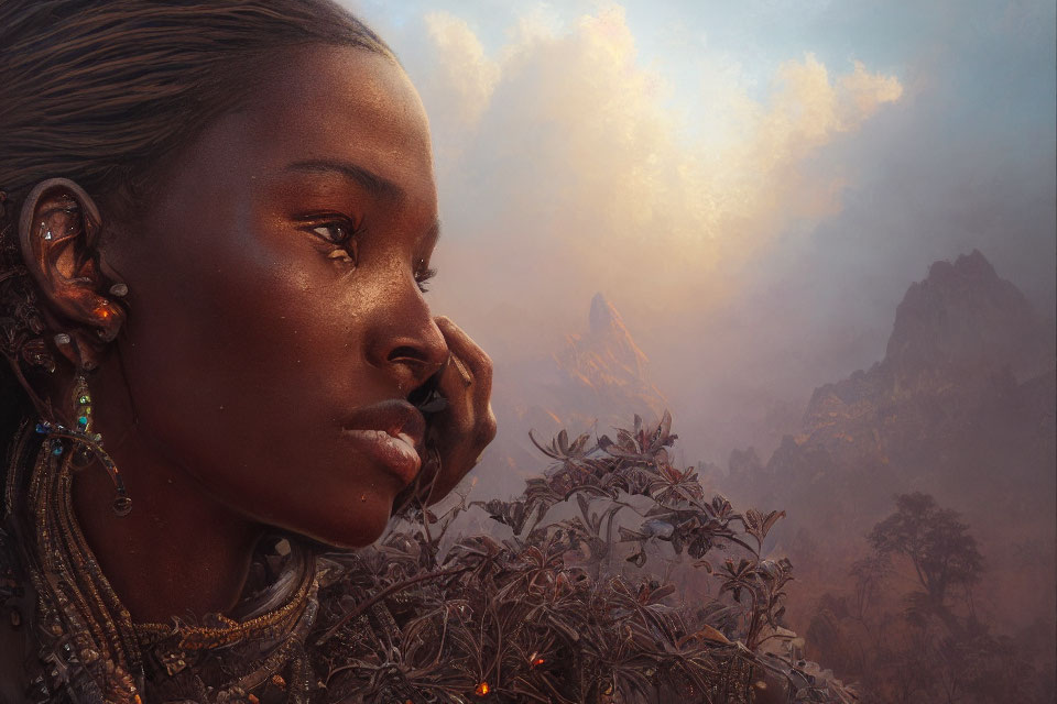 Dark-skinned woman with intricate earrings gazing at mountains and clouds