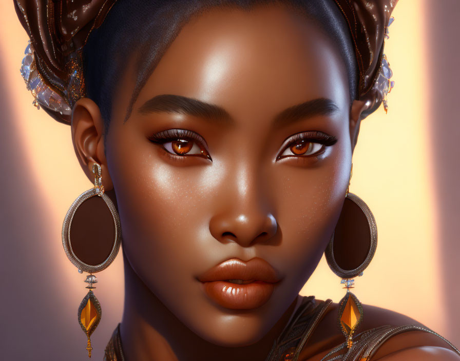 Portrait of a woman with glowing amber eyes and gold earrings
