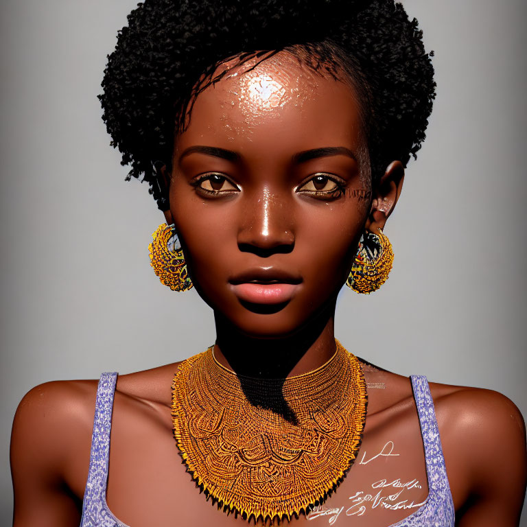 Detailed digital portrait of a woman with textured skin, golden jewelry, on neutral background