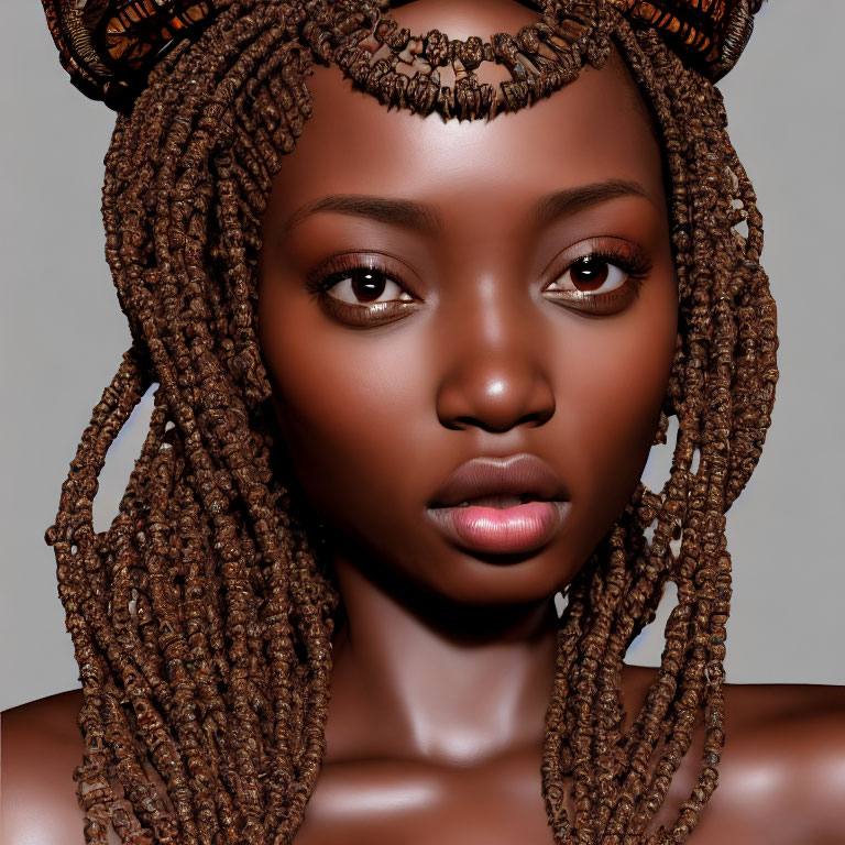 Detailed digital portrait of woman with braided hair, headpiece, large earrings