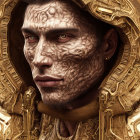 Digital artwork featuring person with golden skin patterns, blue eyes, and ornate hood.