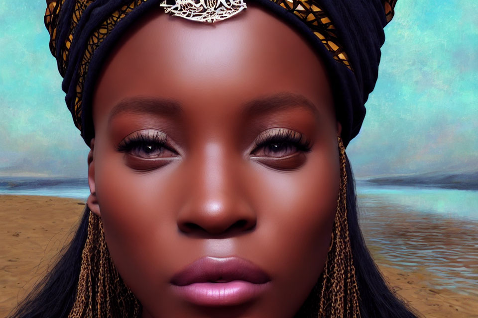 Woman with headscarf, silver accessory, braids, and makeup in desert.