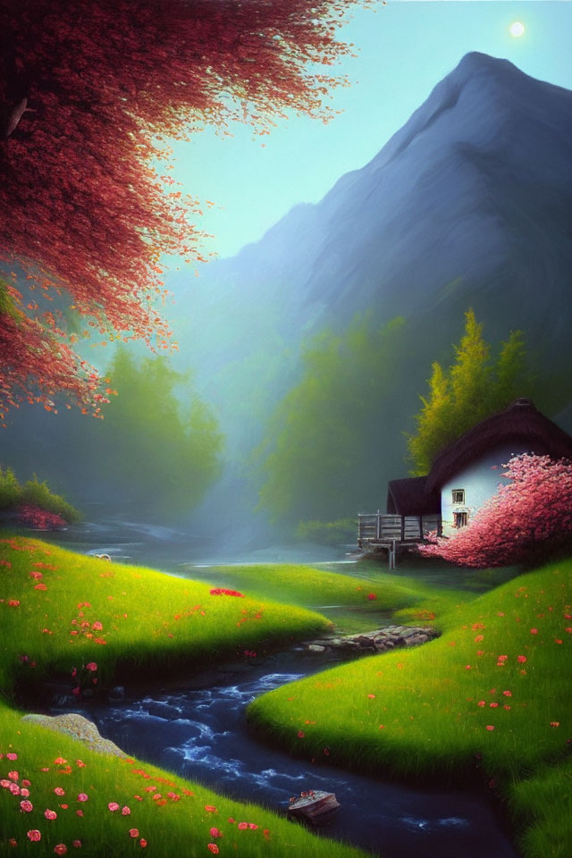 Tranquil landscape: cottage by stream, lush greenery, blooming trees, misty mountains