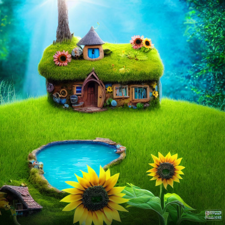 Enchanting fairytale cottage with grass roof and flowers by pond