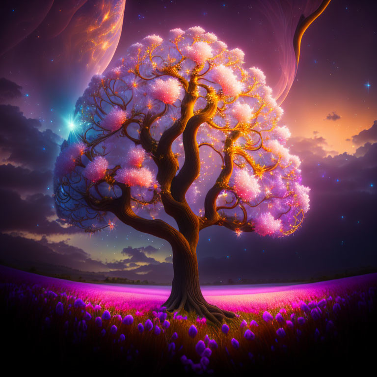 Glowing magical tree with illuminated flowers in twilight sky