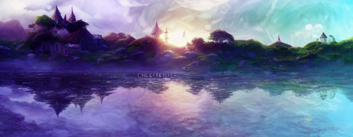 Whimsical fantasy landscape with castle and serene lake at twilight