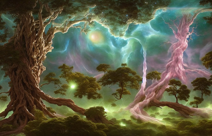 Ethereal forest scene with ancient trees and mystical sky