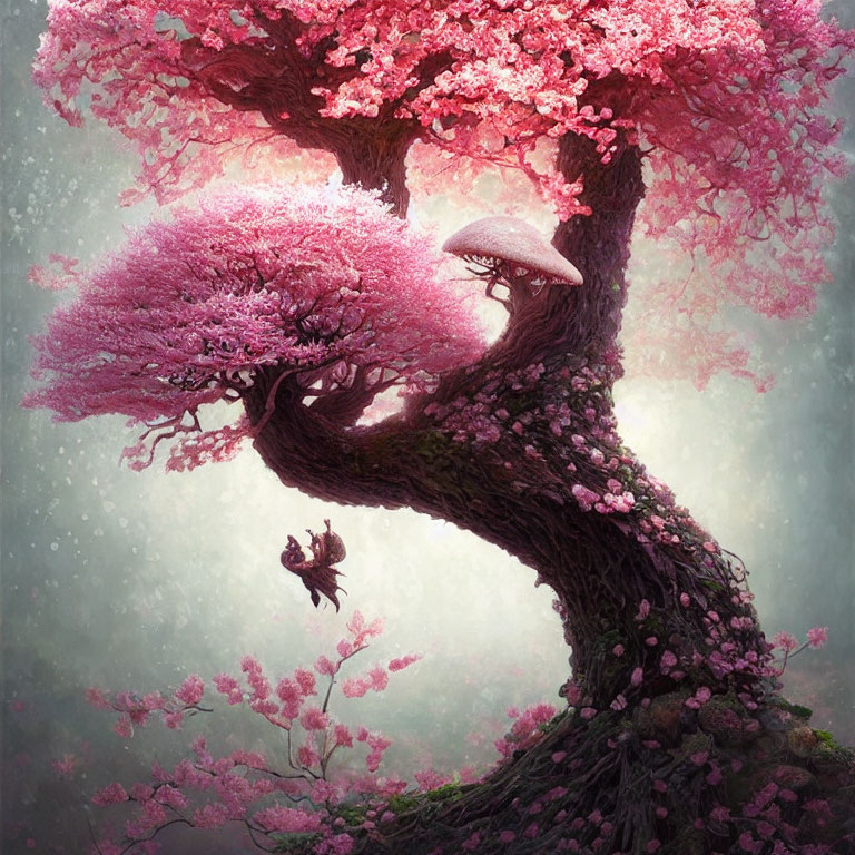 Enchanted tree with pink blossoms and mystical creature under glowing mushroom in misty setting