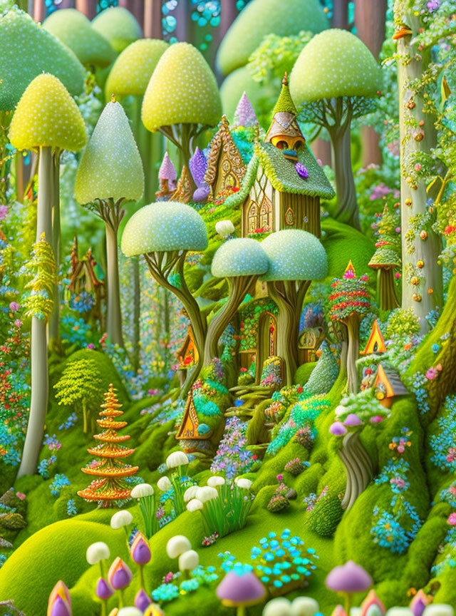 Colorful Fantasy Mushroom Village Illustration