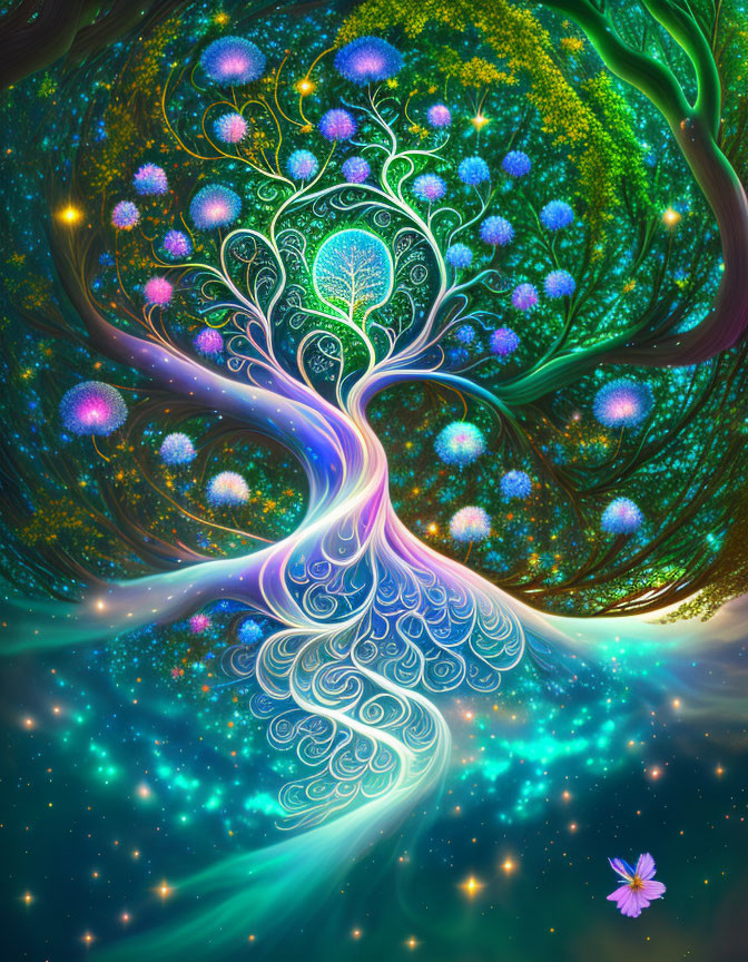 Colorful cosmic tree digital artwork with swirling branches and starry background.