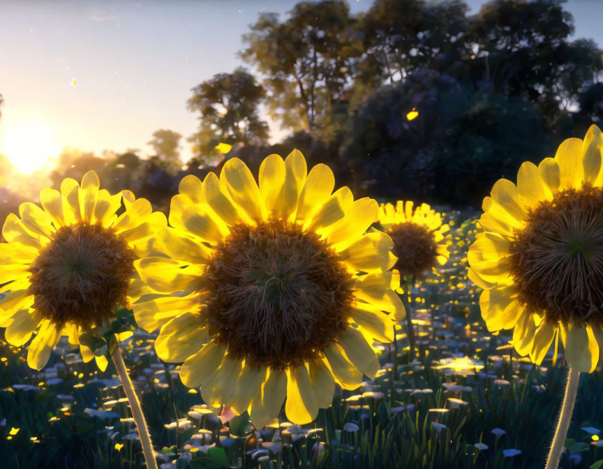 Sunflowers in warm sunlight against hazy forest backdrop.