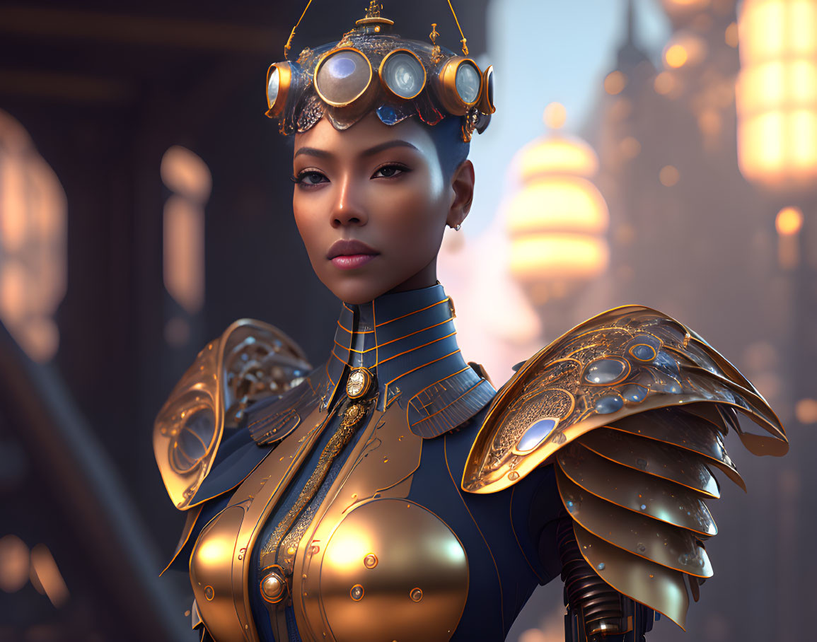 3D-illustrated female figure in futuristic golden armor and helmet