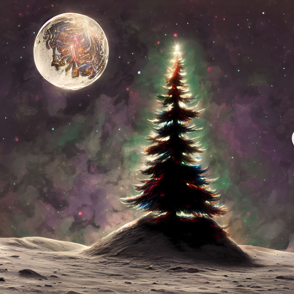 Decorated Christmas tree on snowy hill under starry sky and detailed moon