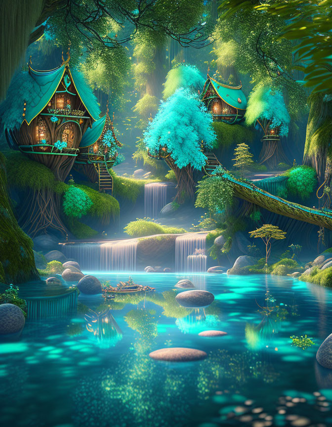 Vibrant turquoise and green enchanted forest with treehouses, waterfall, and blue stream