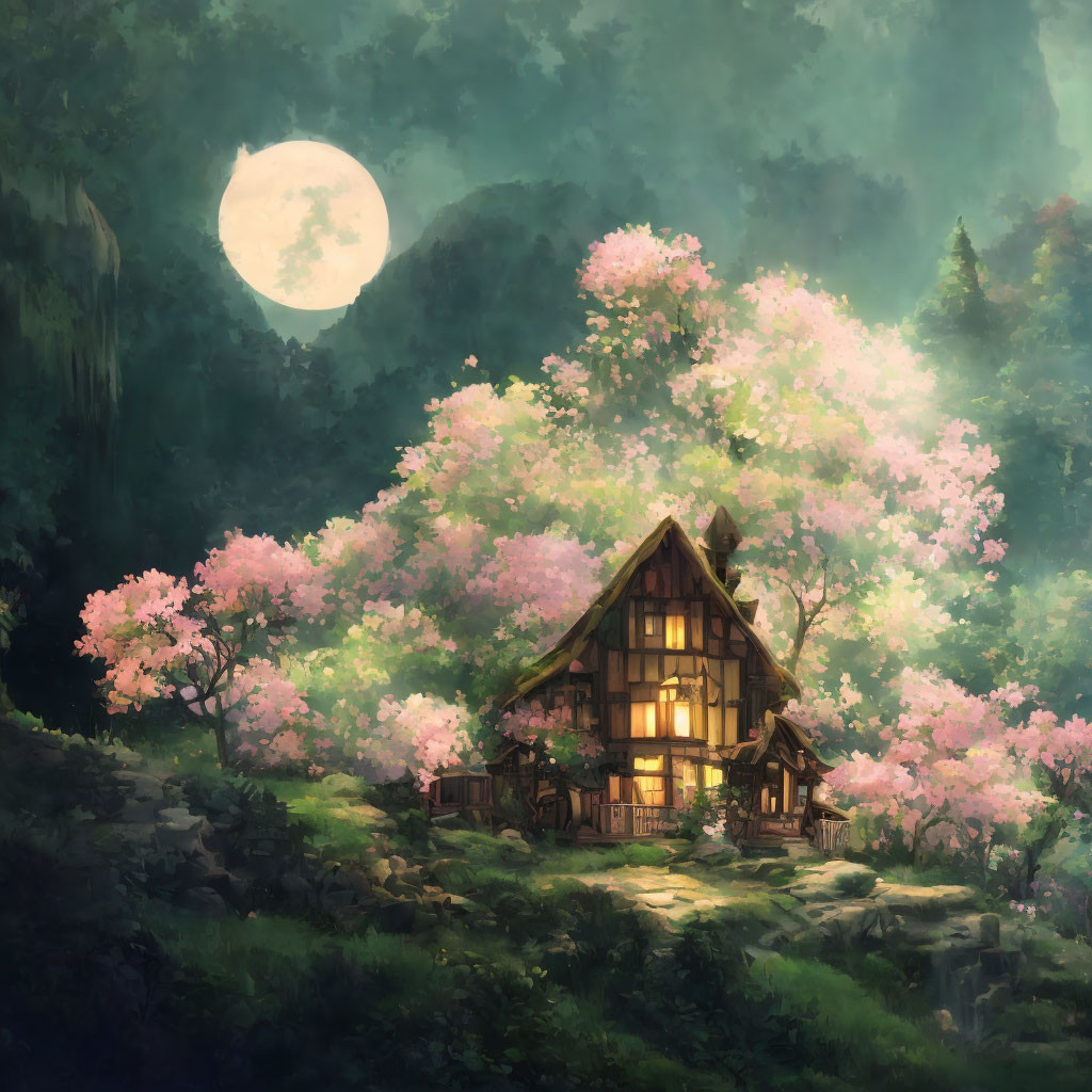 Tranquil cottage scene with cherry blossoms under full moon