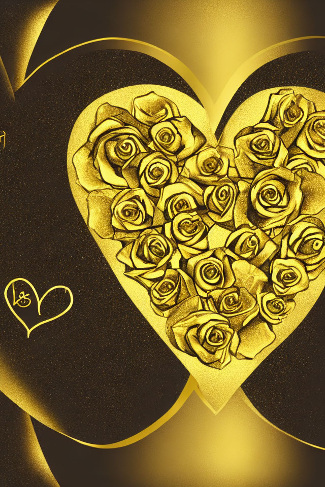 Intricately Designed Golden Heart with Roses on Textured Black Background