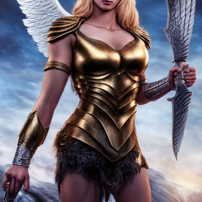 Warrior woman in golden armor with sword and feathered wings in cloudy sky