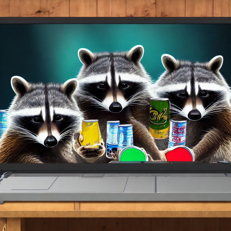 Illustrated raccoons as newscasters with soda cans and microphone on desk