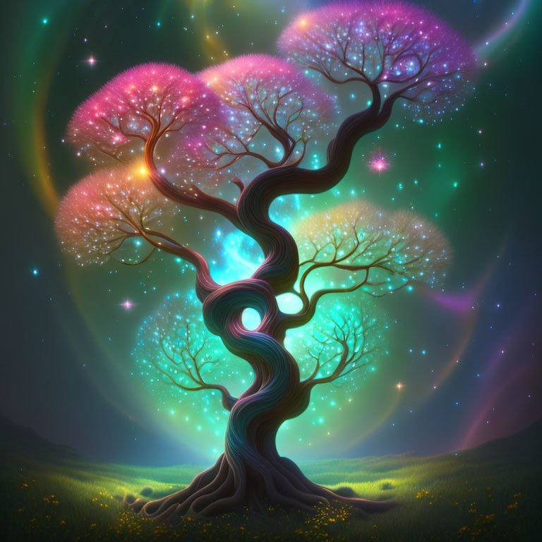 Colorful twisted tree illustration under starry sky.