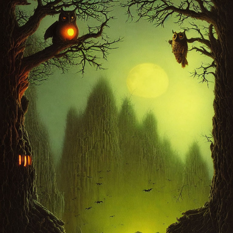 Enchanted forest night scene with owls, full moon, bats, and mist