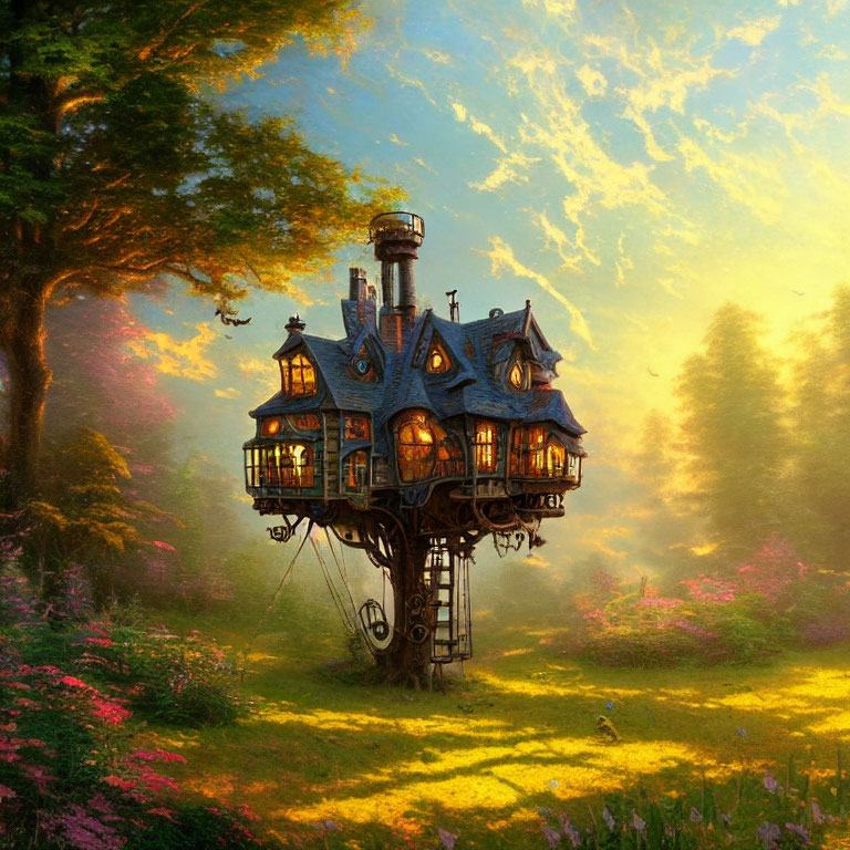 Enchanting forest scene with whimsical glowing treehouse