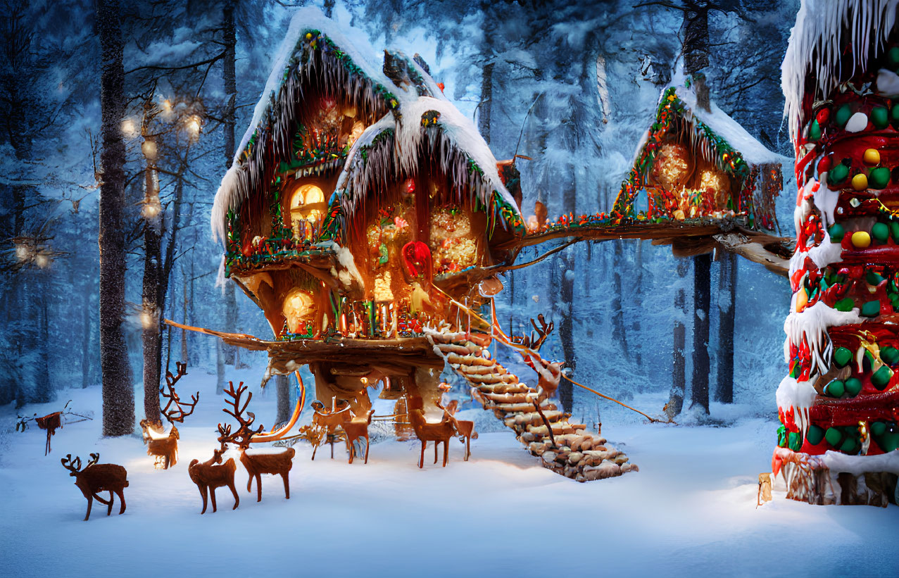 Snow-covered treehouse with reindeer and Christmas lights in a festive winter forest