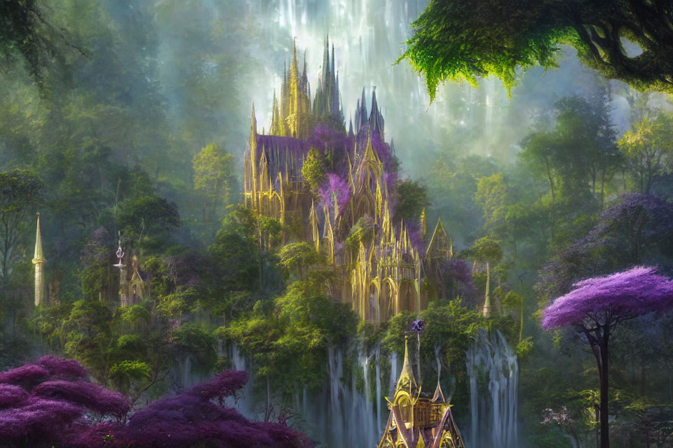 Mystical castle in lush forest with waterfalls and purple foliage