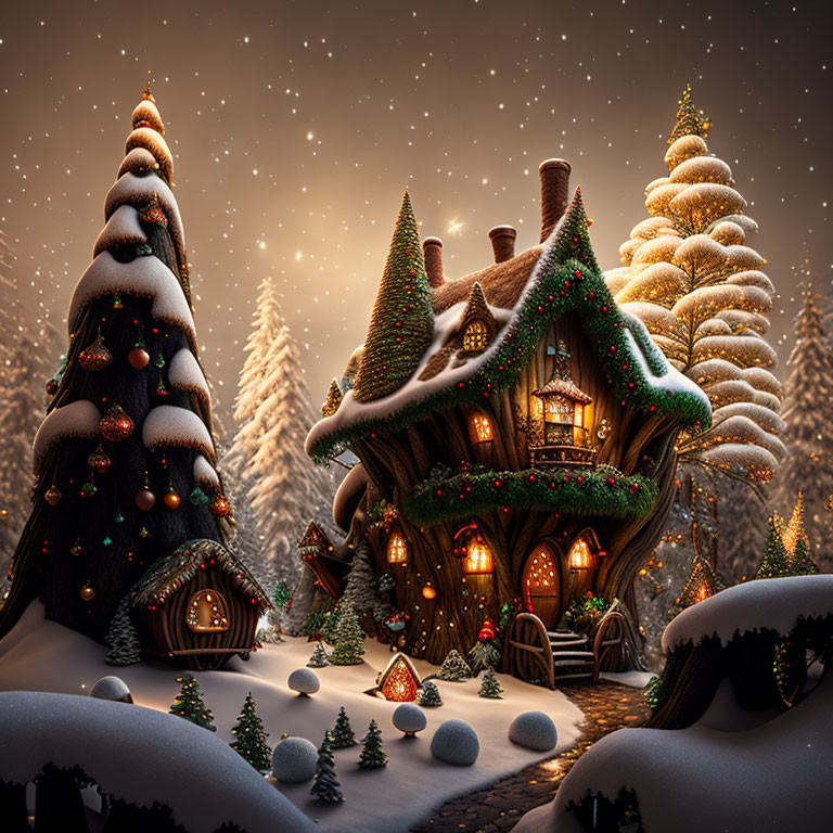 Whimsical illuminated cottage in serene winter scene