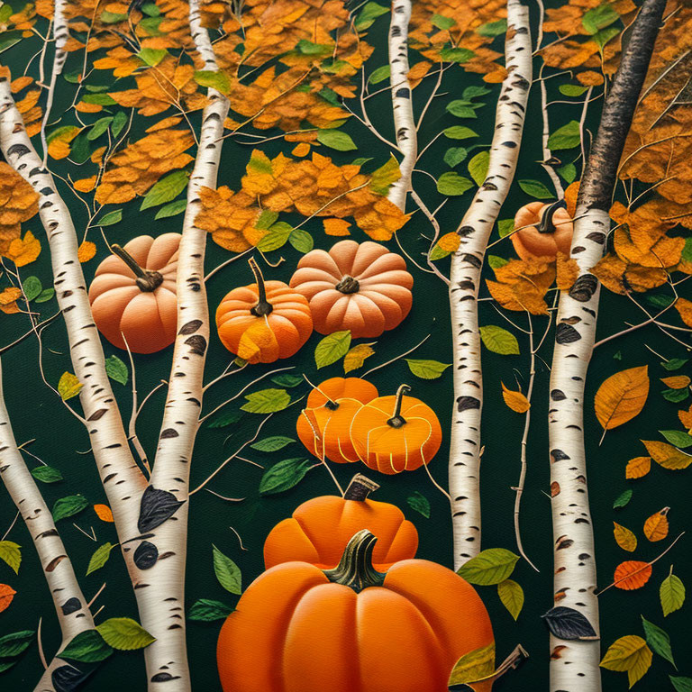 Autumn Birch Trees Illustration with Pumpkins and Leaves