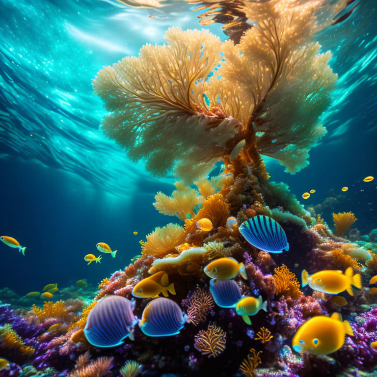 Colorful Underwater Coral Scene with Fish and Clam Shells