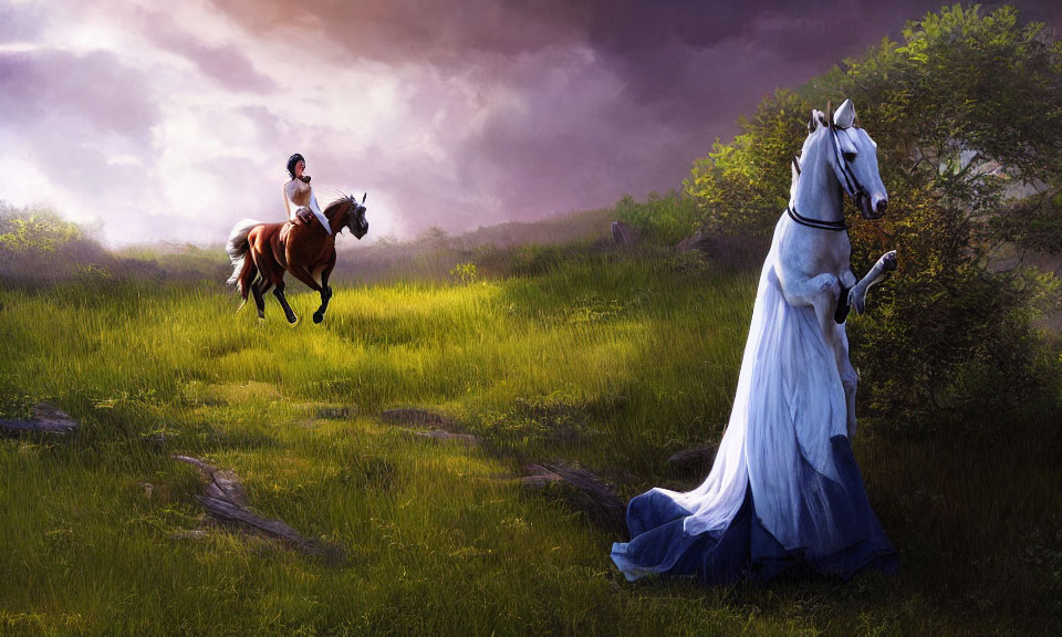 Equestrian artwork: Rider on horse meets surreal gown-clad horse under dramatic sky