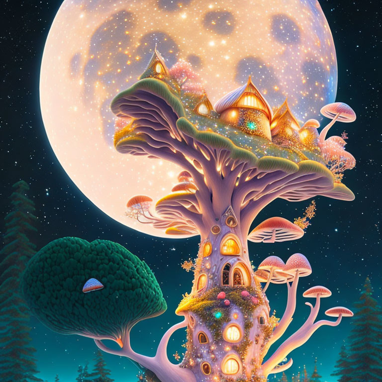 Fantastical tree with glowing houses under detailed moon & stars