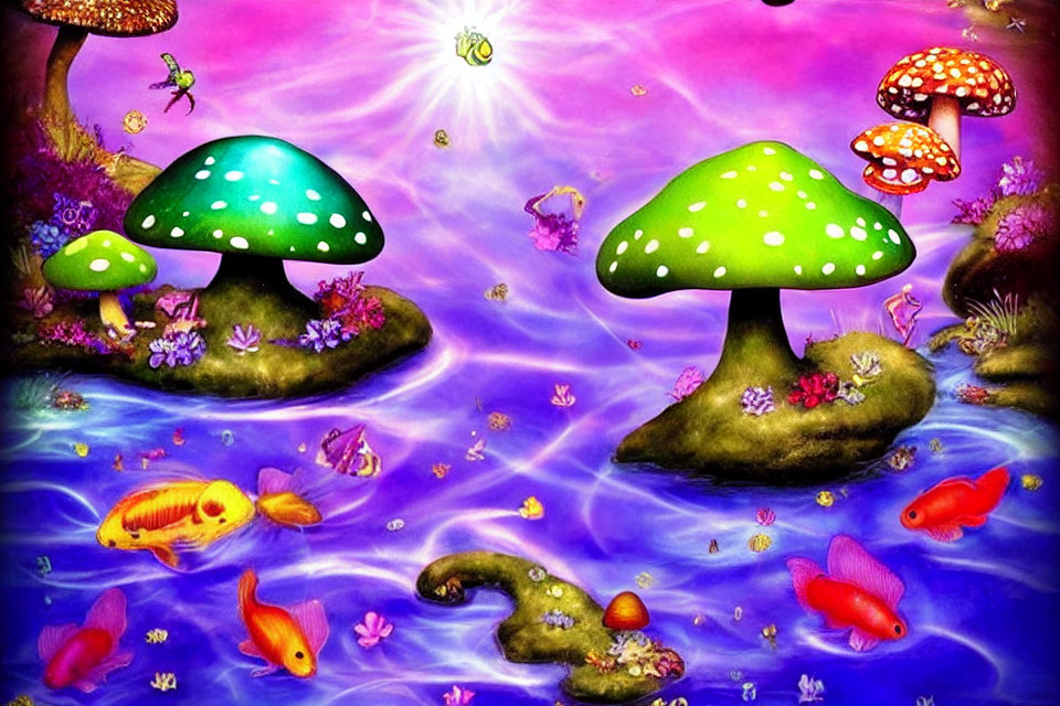 Colorful Mushrooms and Magical Pond in Vibrant Fantasy Landscape