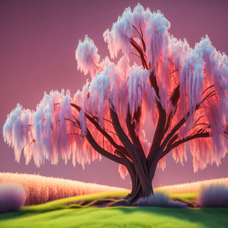 Stylized tree with thick trunk and lush foliage against pink sky