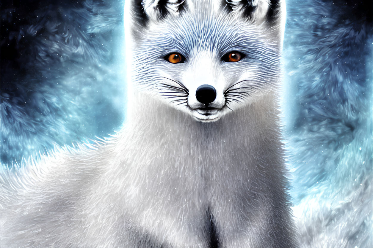 Ethereal white fox with intense orange eyes on starry blue backdrop