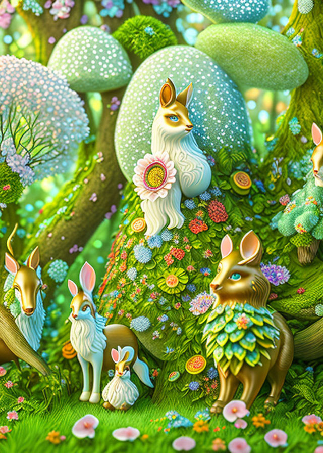 Fantastical forest scene with fox-like creatures and colorful flora