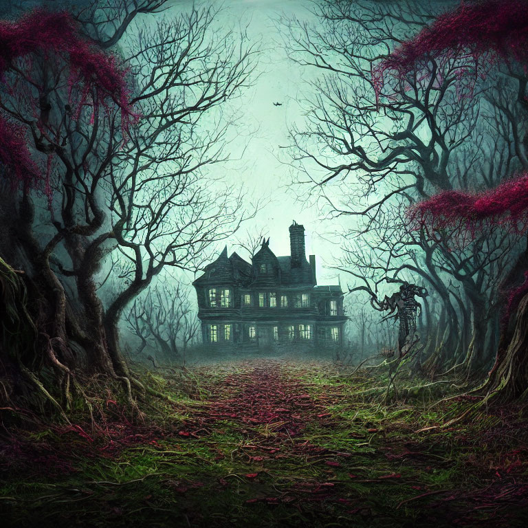 Gloomy gothic mansion with twisted trees under foggy sky