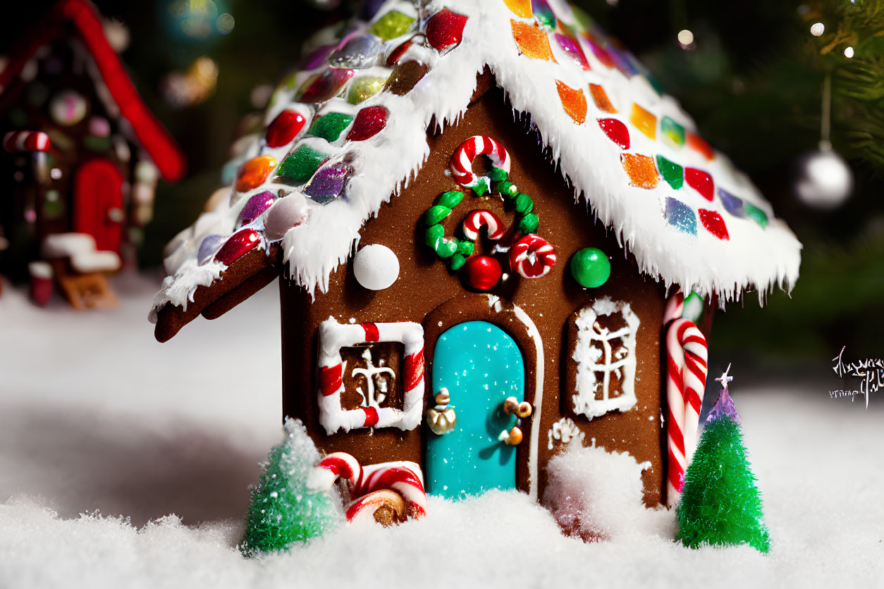 Colorful Candy Adorned Gingerbread House in Snowy Winter Scene