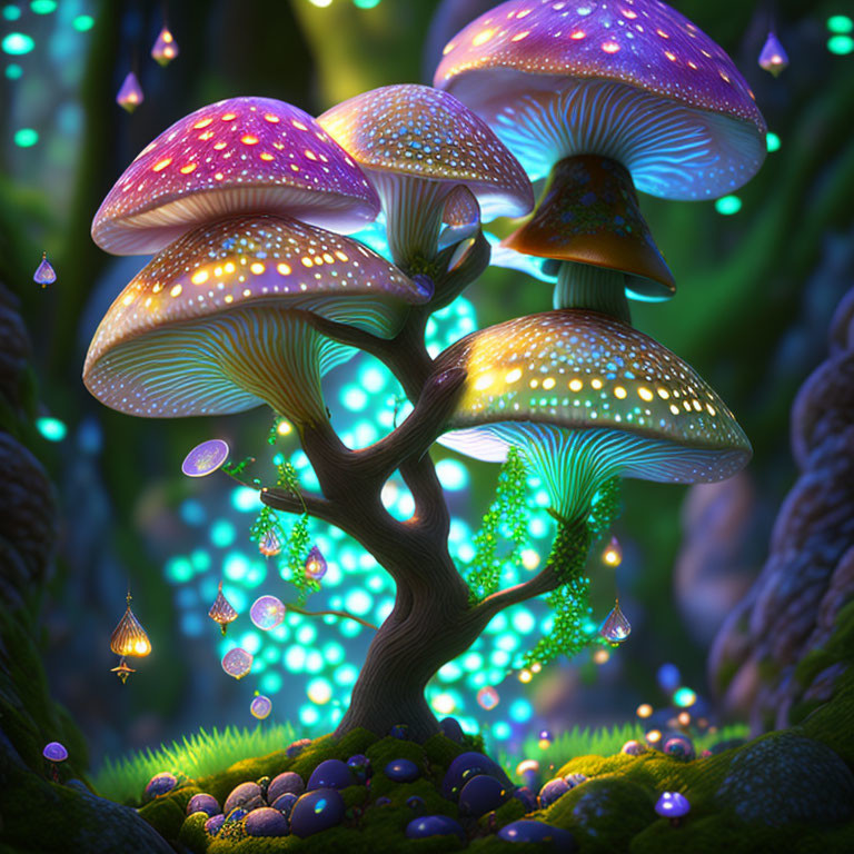 Fantastical glowing mushrooms under night sky with luminescent dots