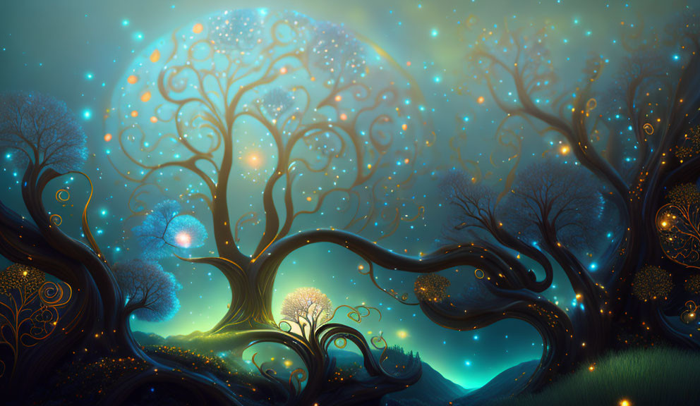 Fantasy landscape with glowing, twisted trees under starry sky