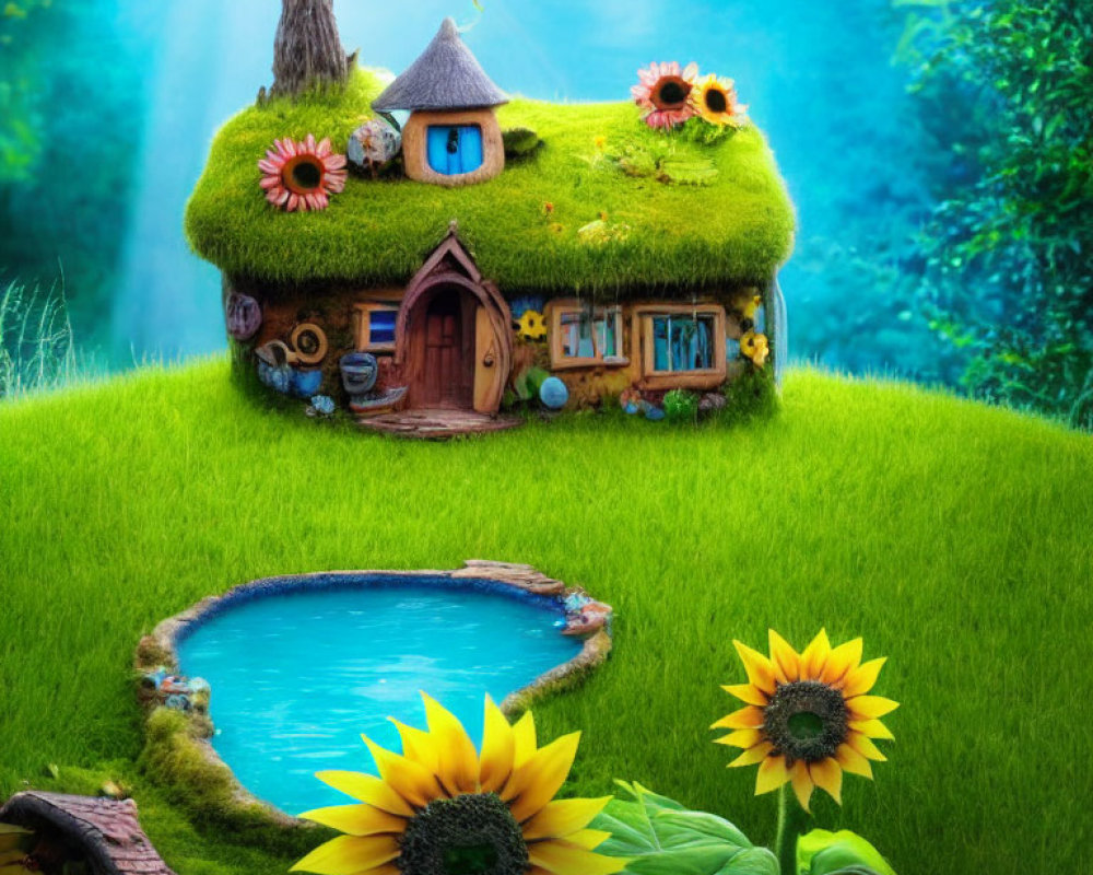 Enchanting fairytale cottage with grass roof and flowers by pond