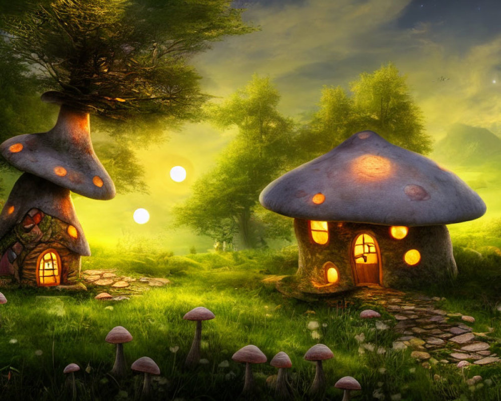 Fantasy landscape: Mushroom-shaped houses in glowing twilight meadow