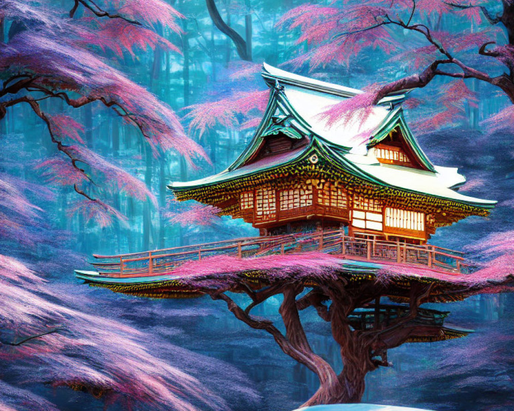 Japanese Pagoda on Gnarled Tree in Mystical Forest with Pink Foliage