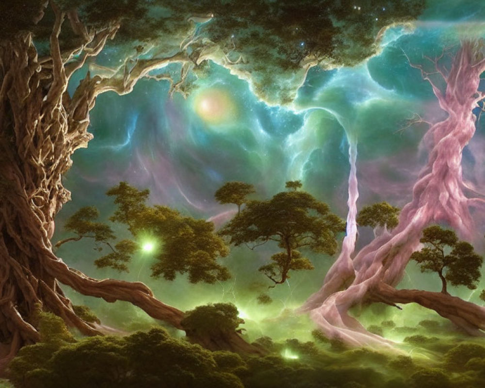 Ethereal forest scene with ancient trees and mystical sky