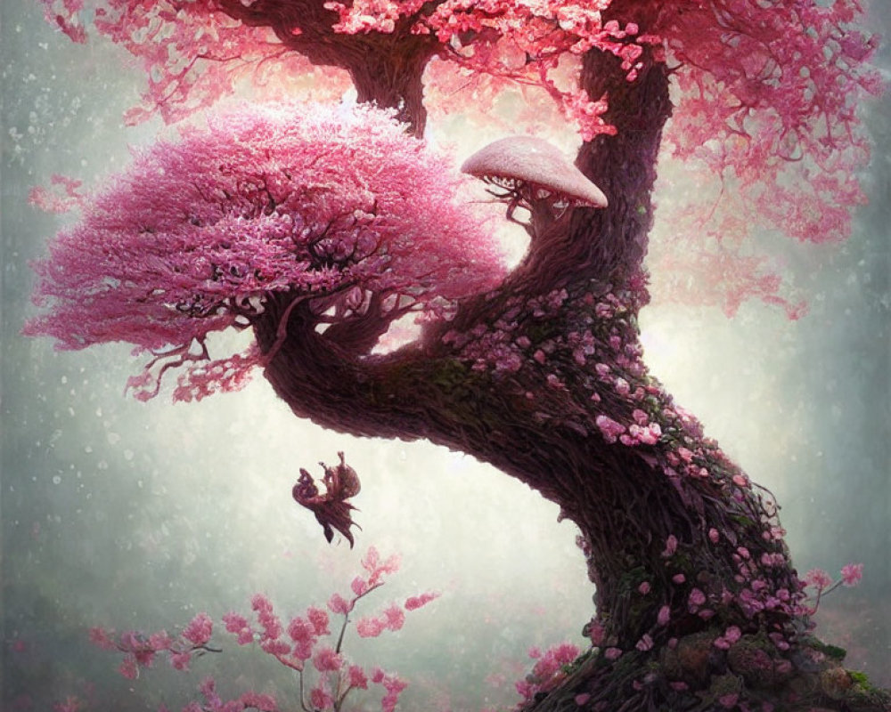 Enchanted tree with pink blossoms and mystical creature under glowing mushroom in misty setting