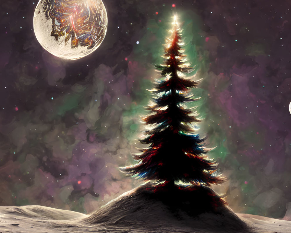 Decorated Christmas tree on snowy hill under starry sky and detailed moon